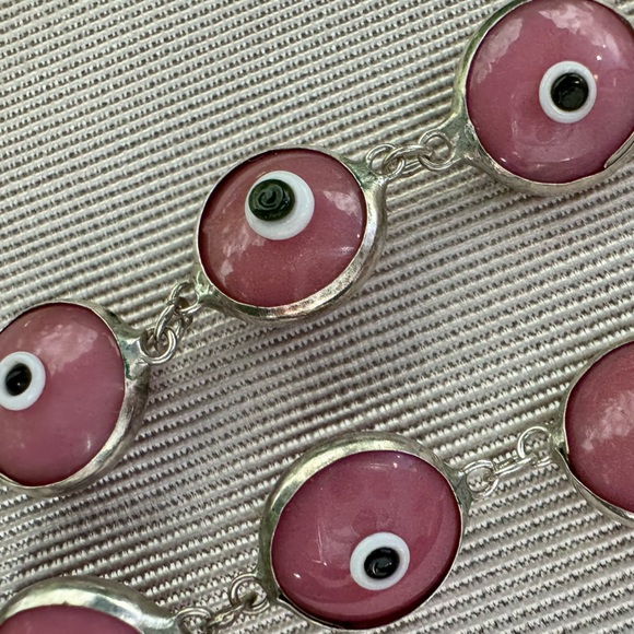 Vintage Handmade Pink Evil Eye Bracelet Solid 925 Sterling Silver - Picture 7 of 8
